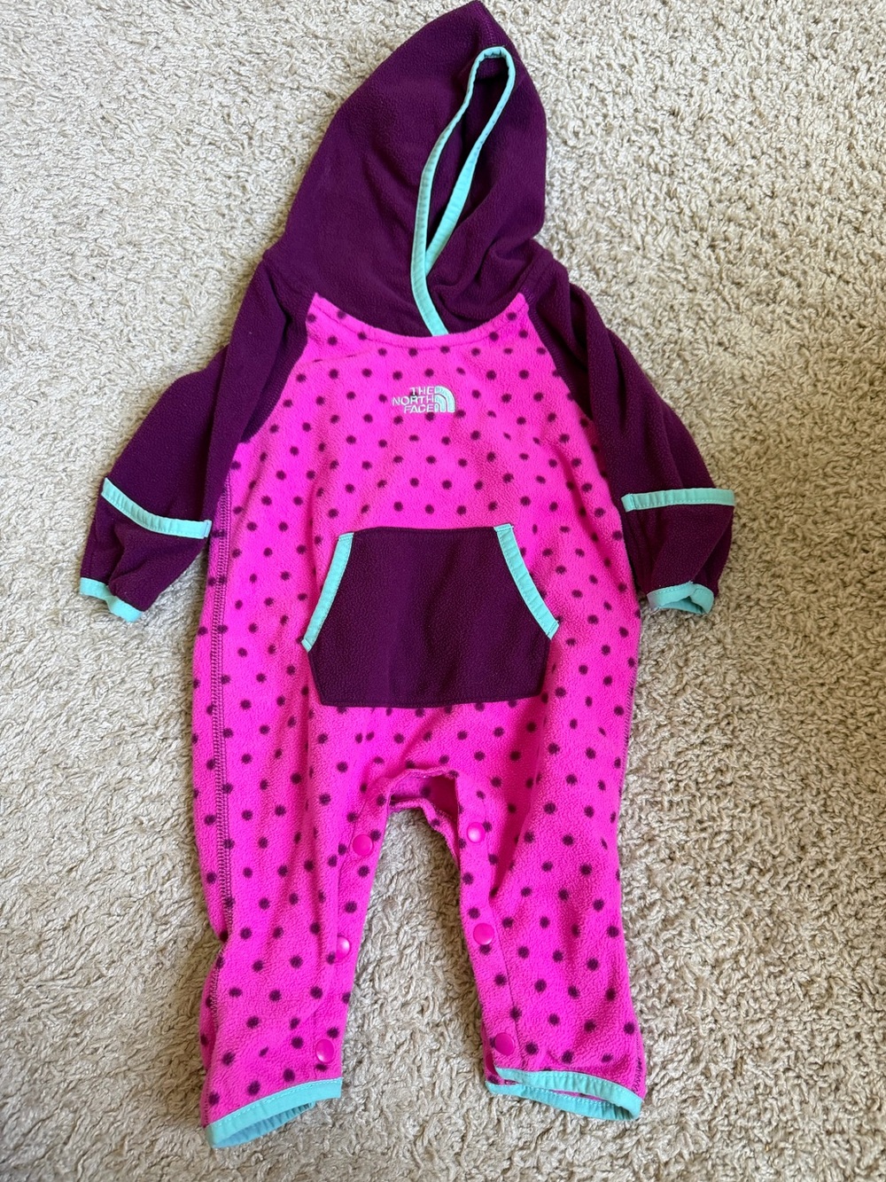 The North Face Kids Purple Hooded Fleece One-Piece with Pink Polka Dots
